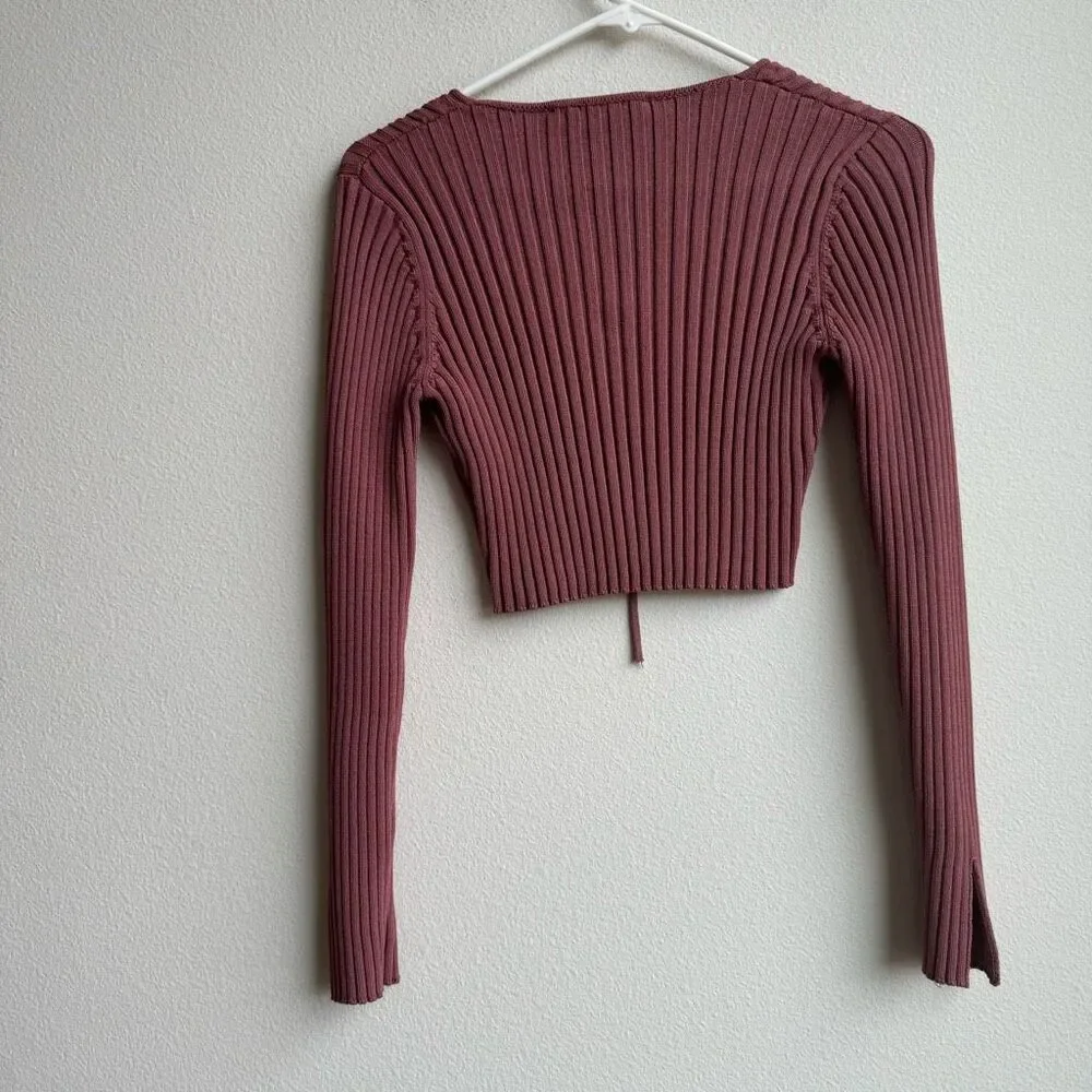 Zara Pink Ribbed Heavy Knit Tie Front Cardigan Cropped Sweater Size Small